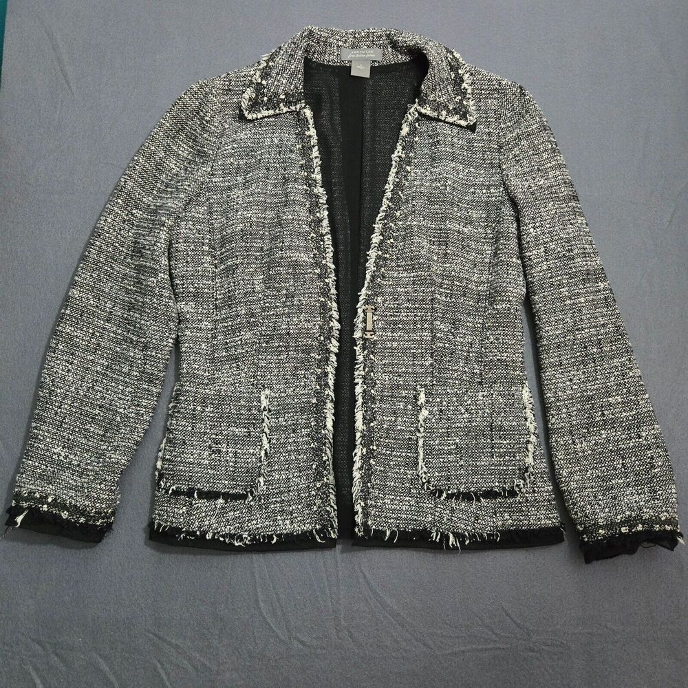 Ann Taylor Blazer Women 4 Tweed Black White V Neck Fine Italian Fabric